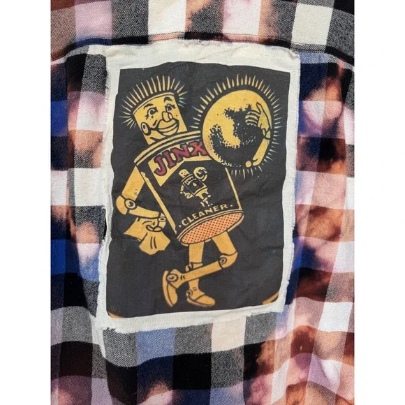 Distressed Upcycled Grunge Flannel Bleach Dye Jinx Patch Folk Art Shirt XL - Picture 2 of 7